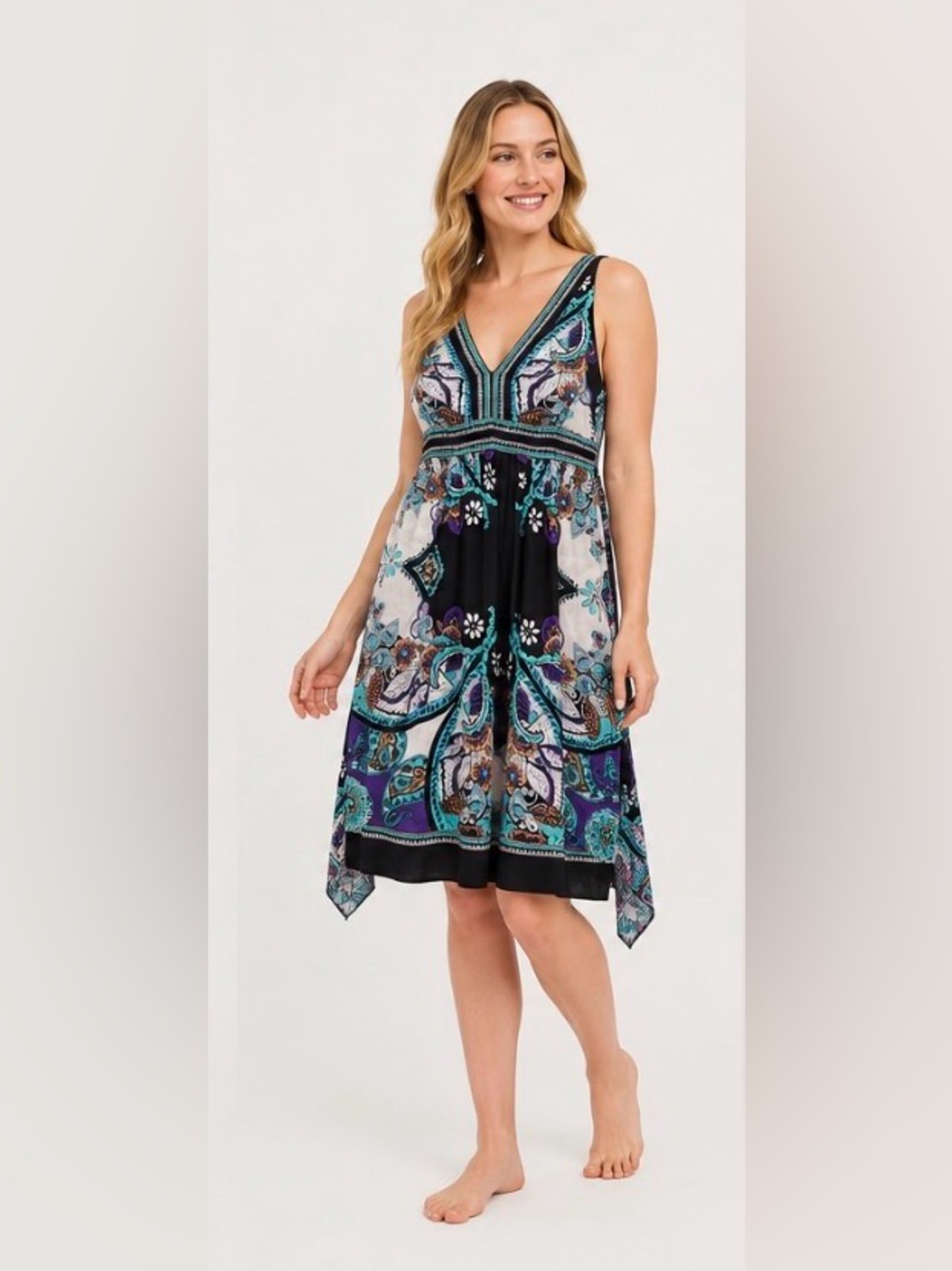 ECI Black Paisley Midi Dress with Teal and Purple Accents NWOT size 8